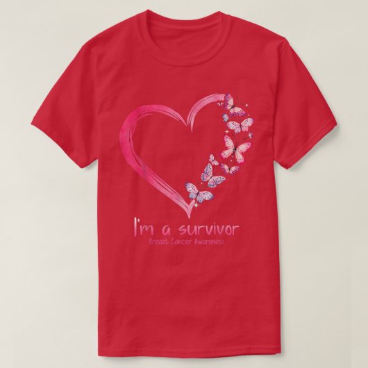 ピンクバタフライハート私は生存乳癌である Tシャツ (デザイン正面)