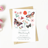 ピンクバタフライバグフラワー誕生日招待状 招待状