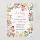 ピンクバタフライバラフローラグリーンガールベビーシャワー インビテーションポストカード (正面)