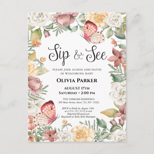 ピンクバタフライバラフローラベビーガールSIPと参照 インビテーションポストカード (正面)