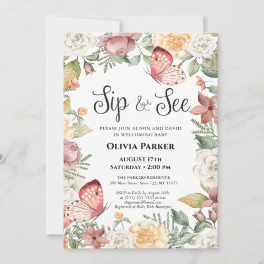 ピンクバタフライバラフローラベビーガールSIPと参照 招待状 (正面)