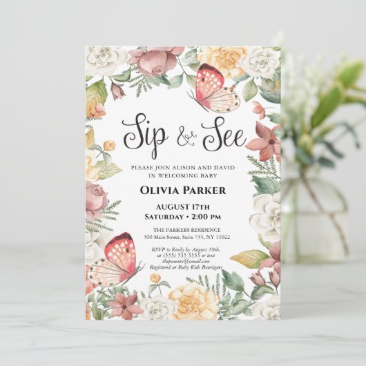 ピンクバタフライバラフローラベビーガールSIPと参照 招待状 (スタンド正面)