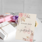 ピンクバタフライバラベージュパンパスゲストブックサイン 台座サイン