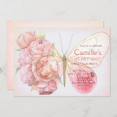 ピンクバタフライバースデーパーティーガールフローラ 招待状 (正面/裏面)