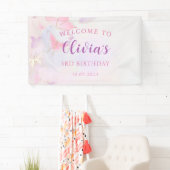 ピンクバタフライバースデーパーティーバナー 横断幕 (インサイチュ)