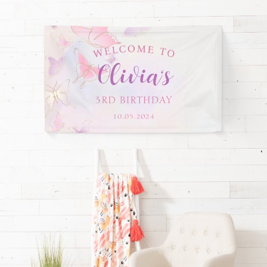 ピンクバタフライバースデーパーティーバナー 横断幕 (インサイチュ)