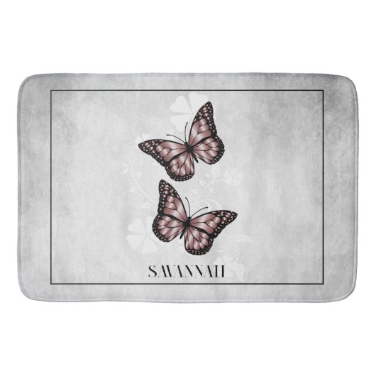 ピンクバタフライパーソナライズされたフローラバスマット バスマット (正面)