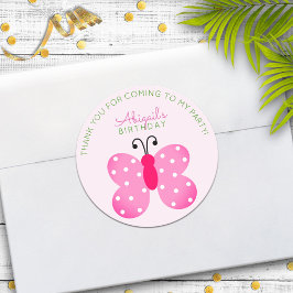 ピンクバタフライパーティーお願いステッカー ラウンドシール