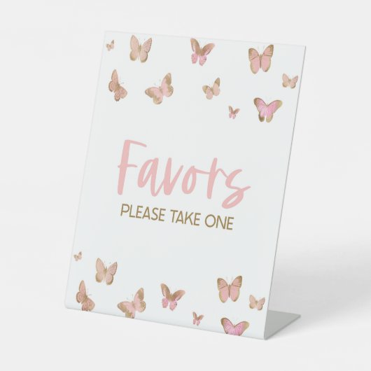 ピンクバタフライパーティーがテーブルの看板を引き立てる 台座サイン (正面)