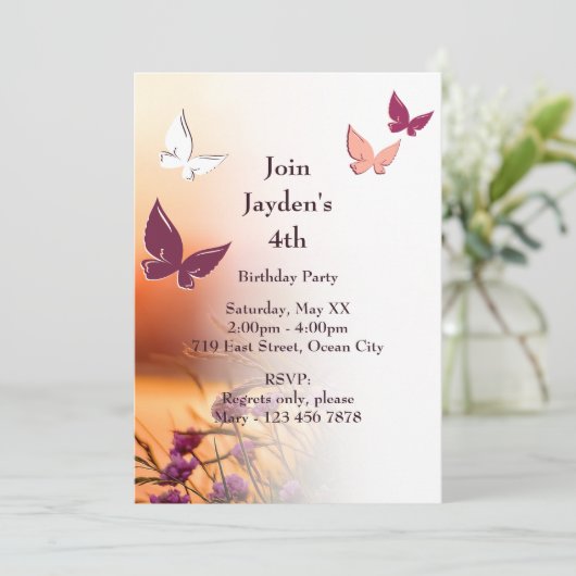 ピンクバタフライパーティー4th誕生日招待状カード 招待状 (スタンド正面)