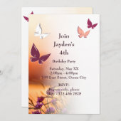 ピンクバタフライパーティー4th誕生日招待状カード 招待状 (正面/裏面)