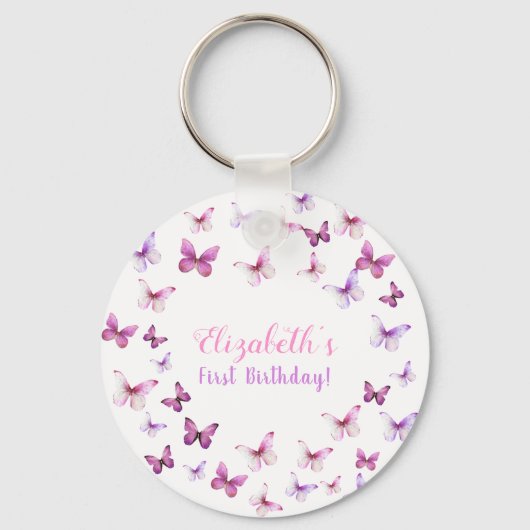 ピンクバタフライファースト誕生日ガールパーティーの好意 キーホルダー (正面)