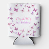 ピンクバタフライファースト誕生日ベビーガール 缶クーラー (正面)