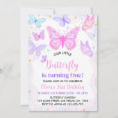 ピンクバタフライファースト誕生日招待状 招待状 (正面)