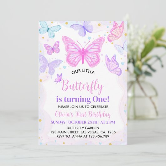 ピンクバタフライファースト誕生日招待状 招待状 (スタンド正面)