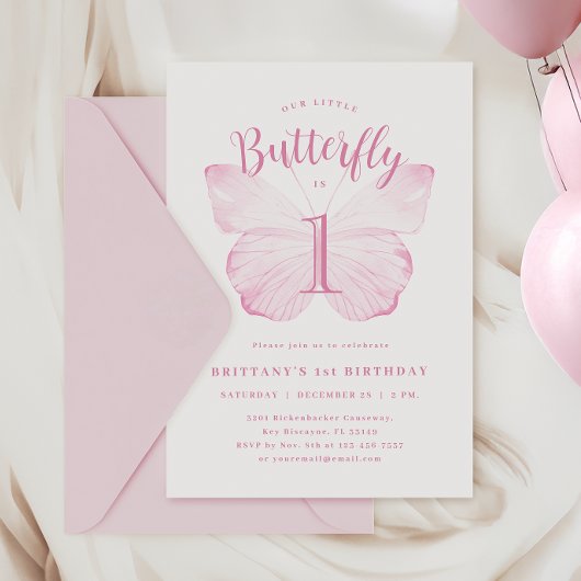ピンクバタフライファースト誕生日招待状 招待状