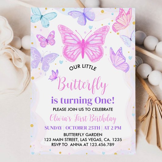 ピンクバタフライファースト誕生日招待状 招待状