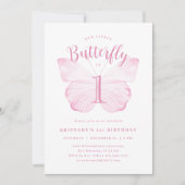 ピンクバタフライファースト誕生日招待状 招待状 (正面)
