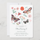 ピンクバタフライフラワー誕生日招待状 招待状 (正面)