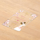 ピンクバタフライフローラガール祈ズ金ゴールドバプテスマ アクリル招待状 (レイダウン)