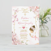 ピンクバタフライフローラガール祈ズ金ゴールドバプテスマ 招待状 (スタンド正面)