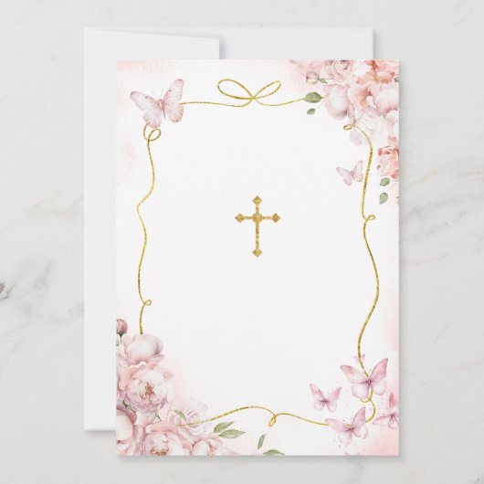 ピンクバタフライフローラガール祈ズ金ゴールドバプテスマ 招待状 (裏面)