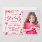 ピンクバタフライフローラガール誕生日招待状 招待状 (正面)