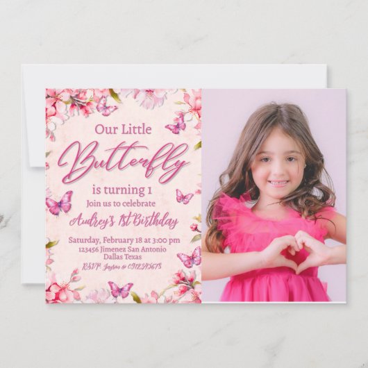 ピンクバタフライフローラガール誕生日招待状 招待状 (正面)