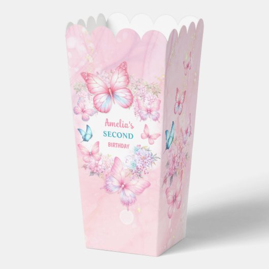 ピンクバタフライフローラサマーガール誕生日ポップコーン フェイバーボックス (正面)