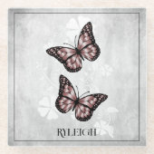 ピンクバタフライフローラパーソナライズされたガラスコースター ガラスコースター (正面)