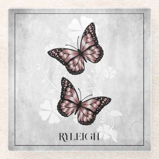 ピンクバタフライフローラパーソナライズされたガラスコースター ガラスコースター (正面)