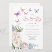 ピンクバタフライフローラベビーシャワー 招待状 (正面/裏面)