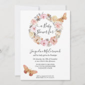 ピンクバタフライフローラ水彩リースベビーガール 招待状 (正面)