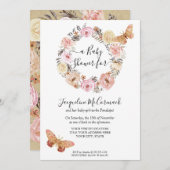 ピンクバタフライフローラ水彩リースベビーガール 招待状 (正面/裏面)