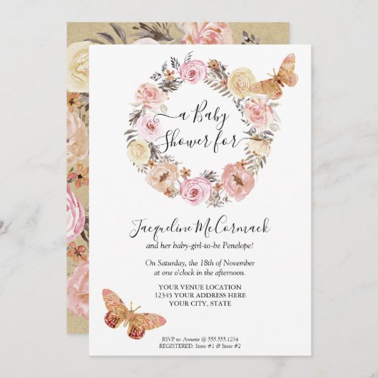 ピンクバタフライフローラ水彩リースベビーガール 招待状 (正面/裏面)