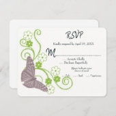 ピンクバタフライフローラ結婚式RSVPカード 出欠カード (正面/裏面)