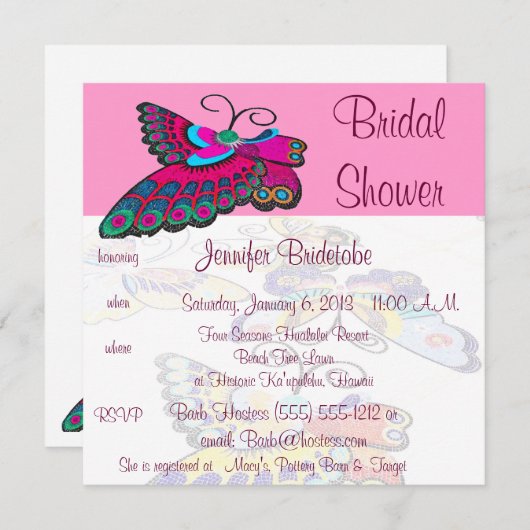 ピンクバタフライブライダルシャワー 招待状 (正面/裏面)