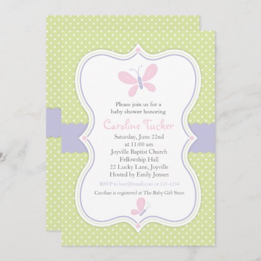 ピンクバタフライベビーガールシャワー招待状 招待状 (正面/裏面)