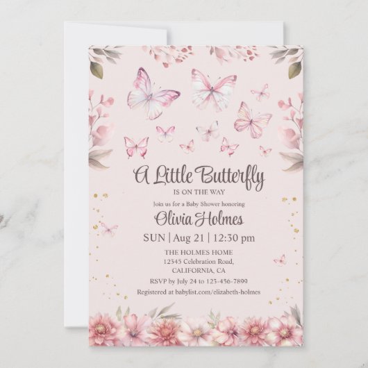 ピンクバタフライベビーガールシャワー招待状 招待状 (正面)