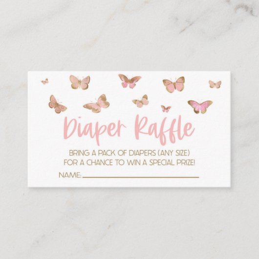 ピンクバタフライベビーシャワーおむつラッフルカード エンクロージャーカード (正面)