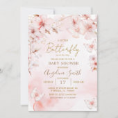 ピンクバタフライベビーシャワーさくらんぼの花 招待状 (正面)