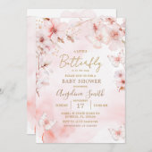 ピンクバタフライベビーシャワーさくらんぼの花 招待状 (正面/裏面)