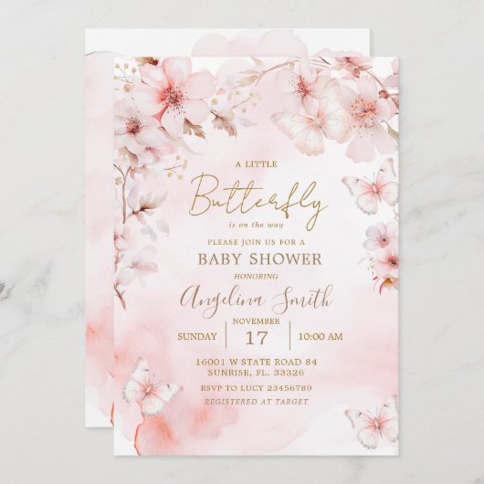 ピンクバタフライベビーシャワーさくらんぼの花 招待状 (正面/裏面)