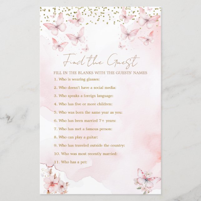 ピンクバタフライベビーシャワーガールゲストを見つける (正面)