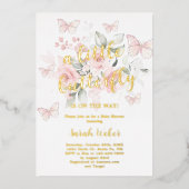 ピンクバタフライベビーシャワーガールホイ実在ル 箔招待状 (正面)