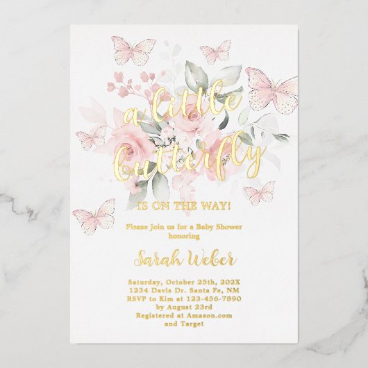 ピンクバタフライベビーシャワーガールホイ実在ル 箔招待状 (正面)