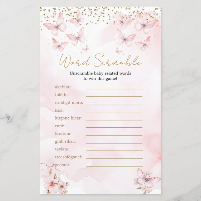 ピンクバタフライベビーシャワーガールワードスクランブルゲーム (正面)