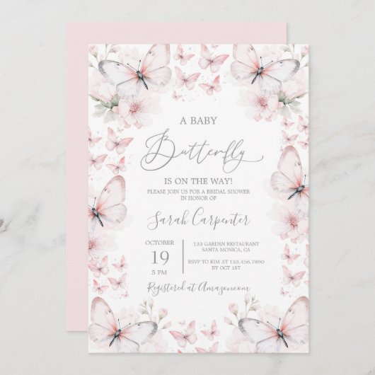 ピンクバタフライベビーシャワーガール招待状 招待状 (正面/裏面)