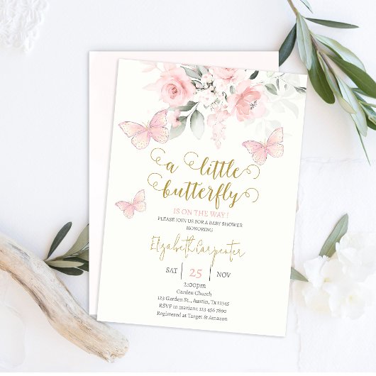 ピンクバタフライベビーシャワーガール 招待状