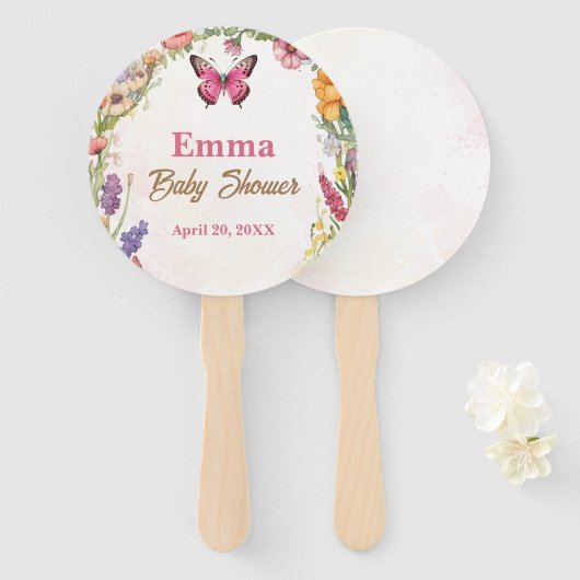 ピンクバタフライベビーシャワーフローラガーデン ハンドファン (正面&裏面)